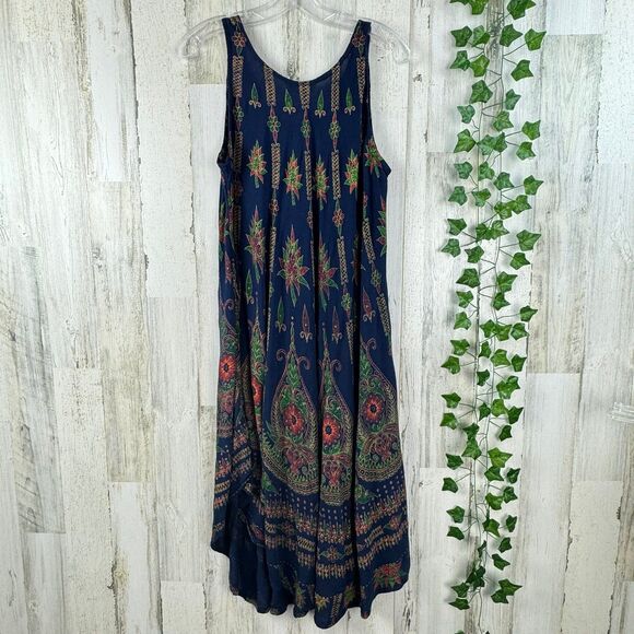 Lapogee India 100% Rayon Blue Orange Floral Long Tank Maxi Tunic Dress medium - Picture 2 of 9